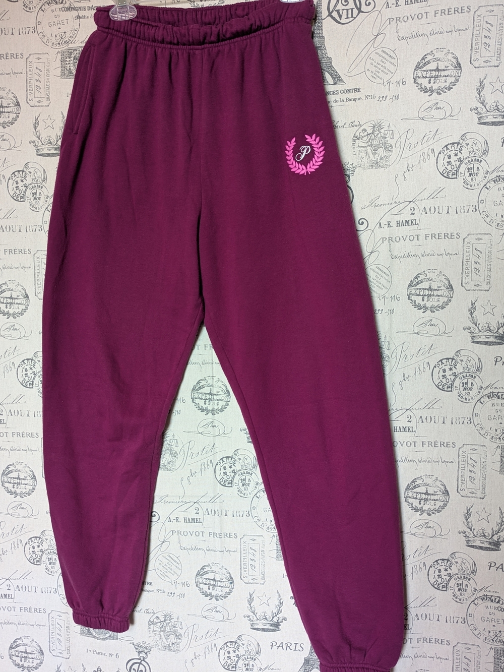PINK Victoria's Secret Burgundy Sweatpants with Pink Laurel Logo - Size Small